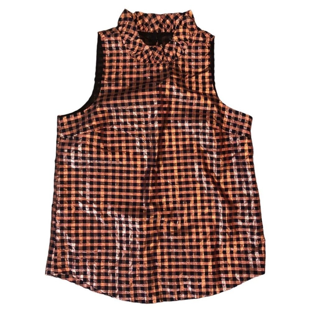 J Crew Sleeveless Blouse Womens Size XS Metallic Navy Rosegold Gingham Top